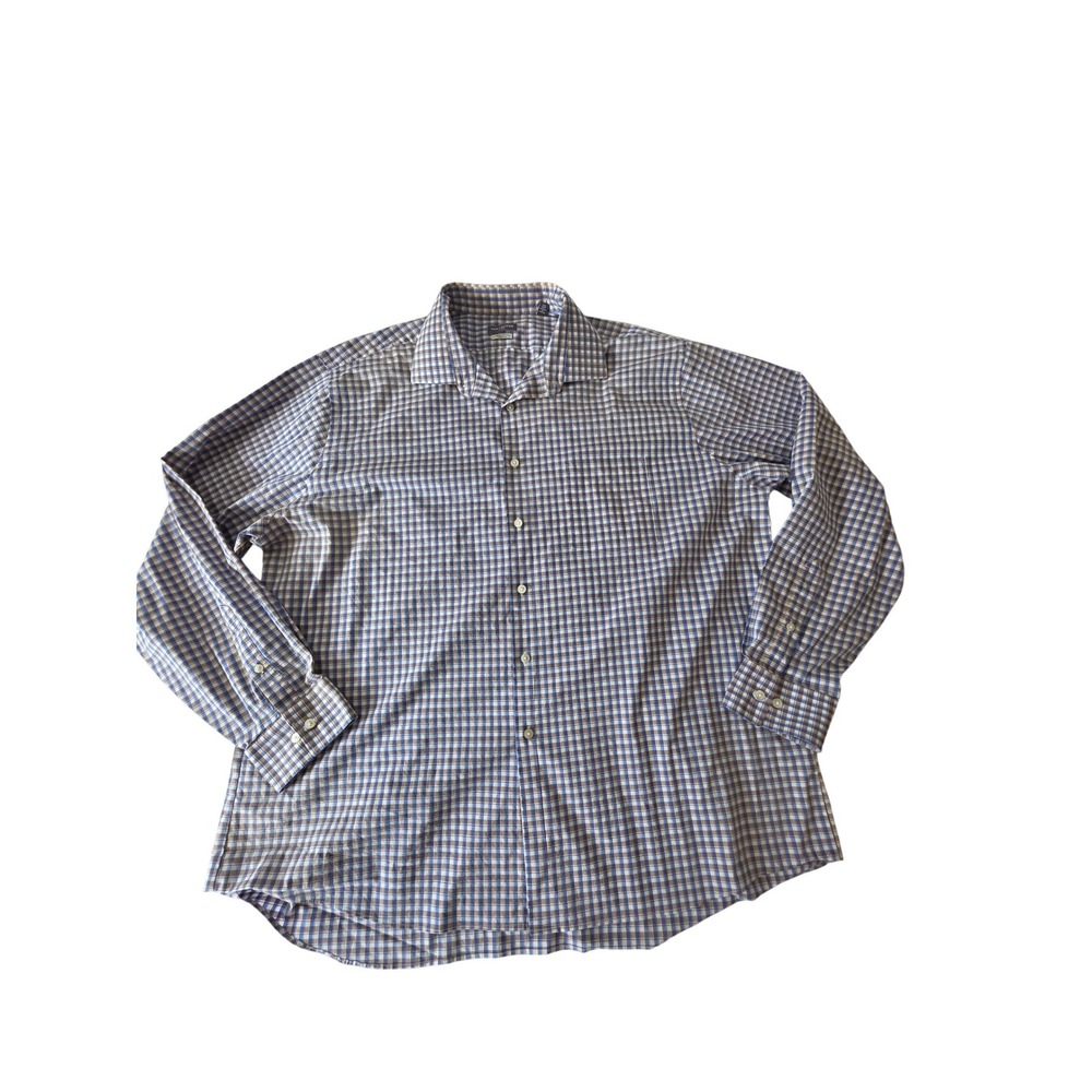 Button Down Flex Regular Fit Plaid Stretch 18.5 36/37 Blue Brown Business Casual